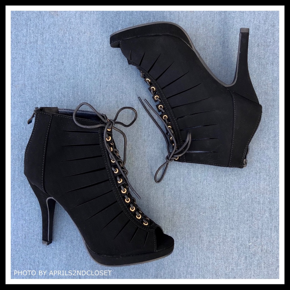 BLACK ANKLE BOOTIES LACE UP PEEP TOE HEELS A3C - Picture 7 of 8